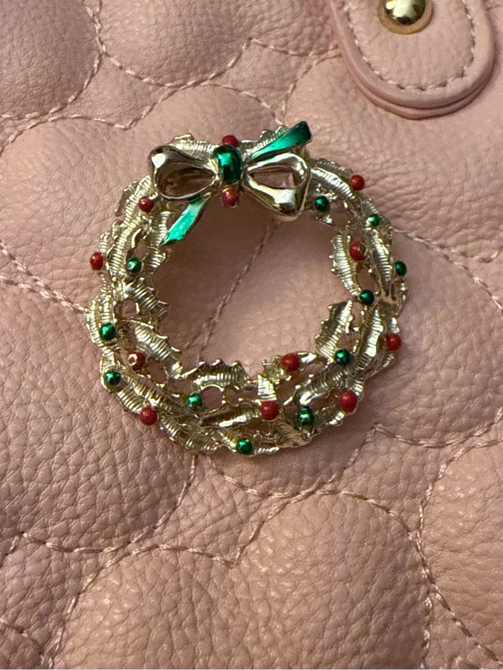 Gold-Tone Holiday Wreath Brooch with Red & Green Accents